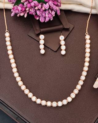Rose gold polish cz diamond necklace with matching earrings     romantic & trendy jewelry set 1
