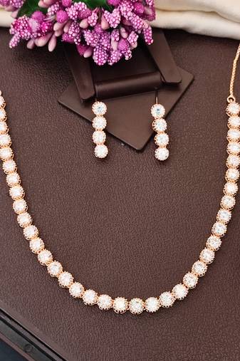 Rose gold polish cz diamond necklace with matching earrings – romantic & trendy jewelry set