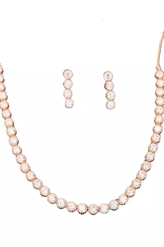 Rose gold polish cz diamond necklace with matching earrings     romantic & trendy jewelry set