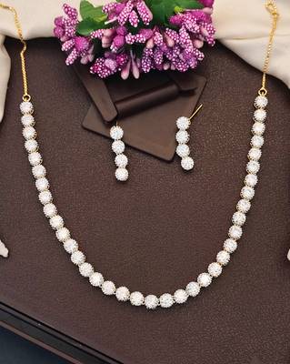 High gold polish cz diamond necklace set with earrings     classic bridal & party wear style 1
