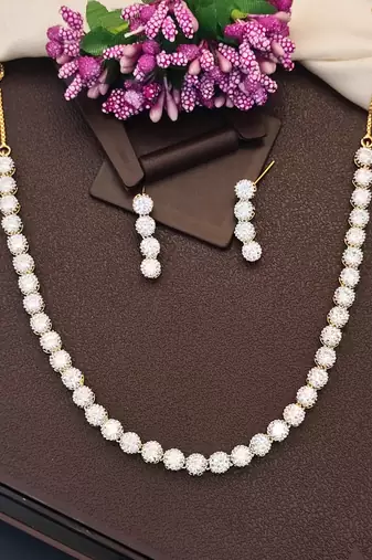 High gold polish cz diamond necklace set with earrings – classic bridal & party wear style