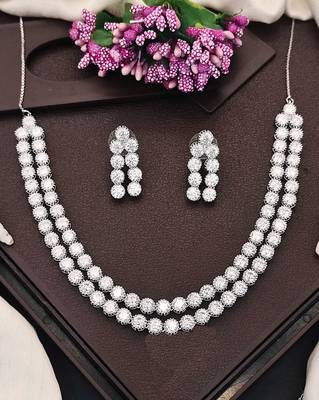 Rhodium polish double line cz diamond necklace set with earrings     elegant silver shine for parties & weddings 1
