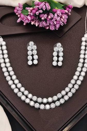 Rhodium polish double line cz diamond necklace set with earrings – elegant silver shine for parties & weddings