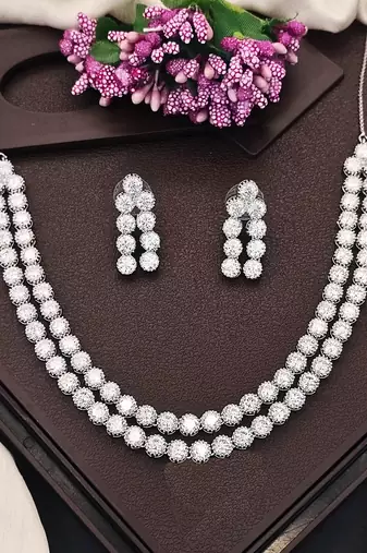 Rhodium polish double line cz diamond necklace set with earrings – elegant silver shine for parties & weddings