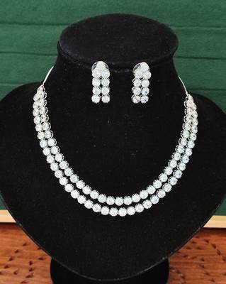 Rhodium polish double line cz diamond necklace set with earrings     elegant silver shine for parties & weddings 3