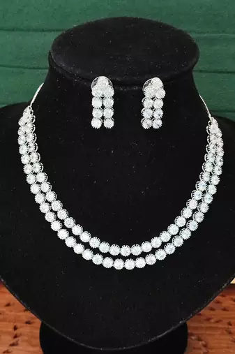 Rhodium polish double line cz diamond necklace set with earrings     elegant silver shine for parties & weddings