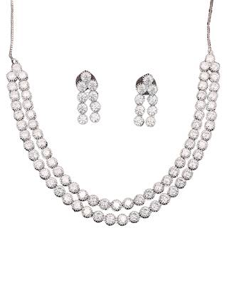 Rhodium polish double line cz diamond necklace set with earrings     elegant silver shine for parties & weddings 4