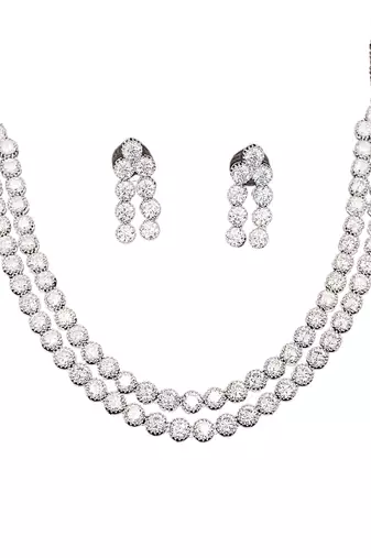 Rhodium polish double line cz diamond necklace set with earrings     elegant silver shine for parties & weddings