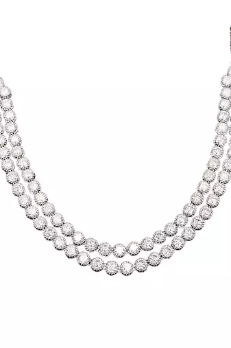 Rhodium polish double line cz diamond necklace set with earrings     elegant silver shine for parties & weddings