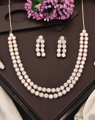 Rose gold double line cz diamond necklace with earrings     modern glamour jewelry for evening & bridal wear 1