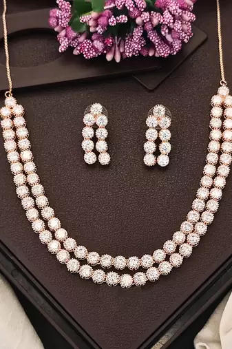 Rose gold double line cz diamond necklace with earrings – modern glamour jewelry for evening & bridal wear