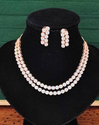 Rose gold double line cz diamond necklace with earrings     modern glamour jewelry for evening & bridal wear 3