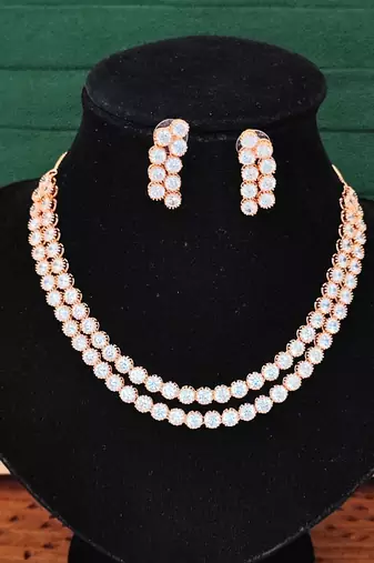 Rose gold double line cz diamond necklace with earrings     modern glamour jewelry for evening & bridal wear