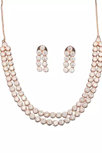 Rose gold double line cz diamond necklace with earrings     modern glamour jewelry for evening & bridal wear