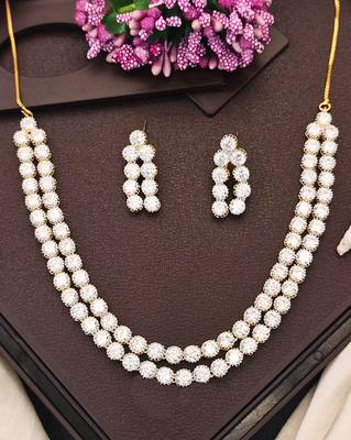 High gold double line cz diamond necklace set with earrings     classic traditional look for festivals & celebrations 1