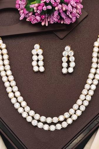 High gold double line cz diamond necklace set with earrings – classic traditional look for festivals & celebrations