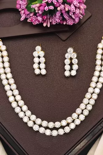 High gold double line cz diamond necklace set with earrings – classic traditional look for festivals & celebrations