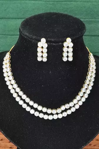 High gold double line cz diamond necklace set with earrings     classic traditional look for festivals & celebrations