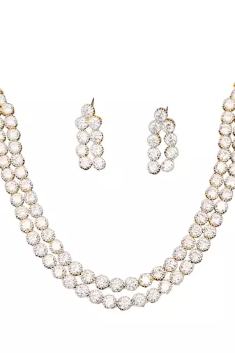 High gold double line cz diamond necklace set with earrings     classic traditional look for festivals & celebrations
