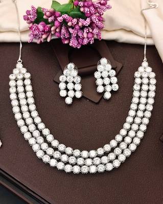 Silver polish crystal beaded necklace and earring set, triple strand statement jewellery for all occasion 1