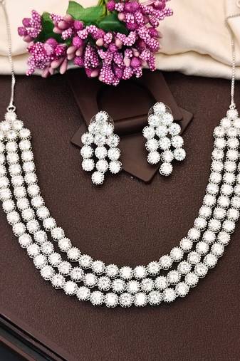 Silver polish crystal beaded necklace and earring set, triple strand statement jewellery for all occasion