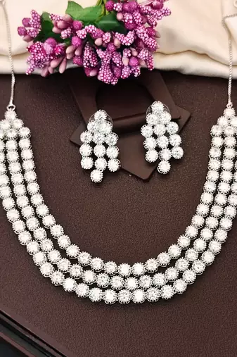 Silver polish crystal beaded necklace and earring set, triple strand statement jewellery for all occasion