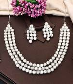 Silver polish crystal beaded necklace and earring set, triple strand statement jewellery for all occasion