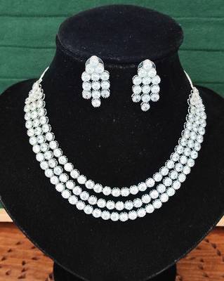 Silver polish crystal beaded necklace and earring set, triple strand statement jewellery for all occasion 3