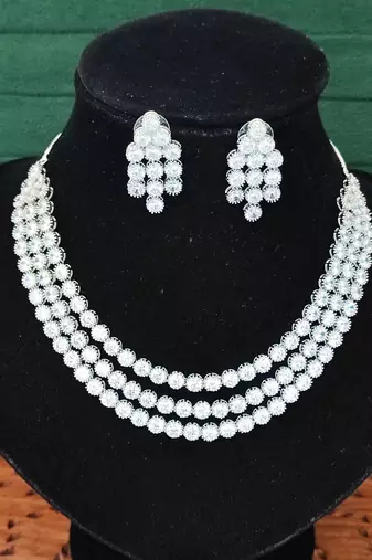Silver polish crystal beaded necklace and earring set, triple strand statement jewellery for all occasion