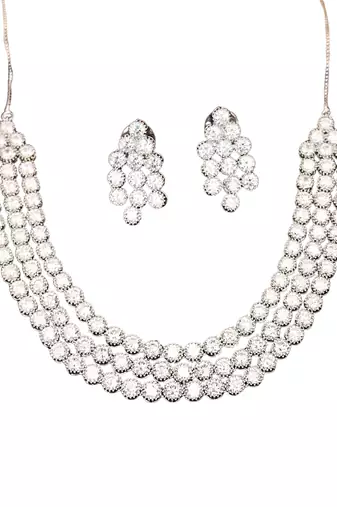 Silver polish crystal beaded necklace and earring set, triple strand statement jewellery for all occasion