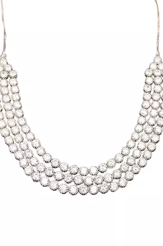 Silver polish crystal beaded necklace and earring set, triple strand statement jewellery for all occasion