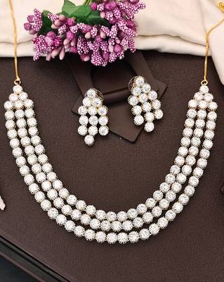 White cz diamond necklace set, gold rhodium polish, triple layer bridal jewelry for her 1