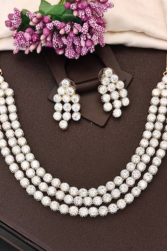 White cz diamond necklace set, gold rhodium polish, triple layer bridal jewelry for her