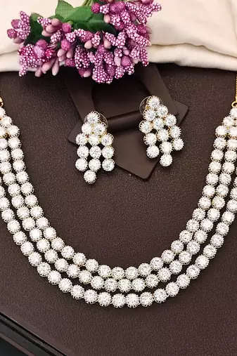 White cz diamond necklace set, gold rhodium polish, triple layer bridal jewelry for her