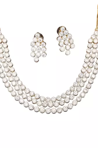 White cz diamond necklace set, gold rhodium polish, triple layer bridal jewelry for her