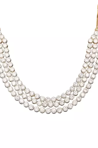 White cz diamond necklace set, gold rhodium polish, triple layer bridal jewelry for her