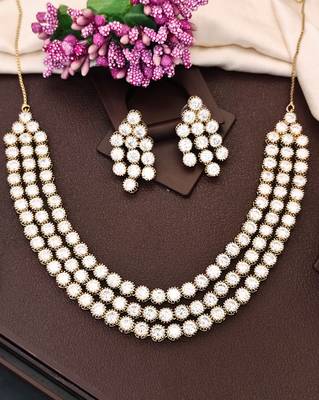 White cz diamond necklace set, mehendi polish finish, wedding wear jewelry 1