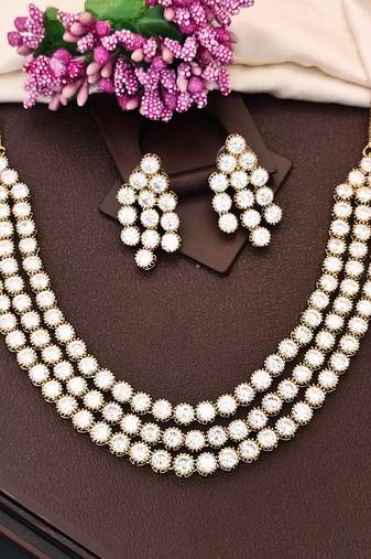White cz diamond necklace set, mehendi polish finish, wedding wear jewelry