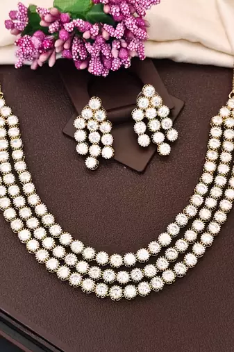 White cz diamond necklace set, mehendi polish finish, wedding wear jewelry