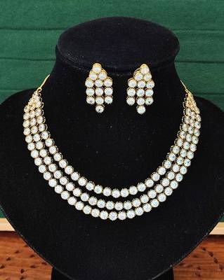 White cz diamond necklace set, mehendi polish finish, wedding wear jewelry 3