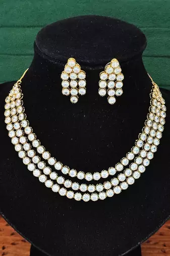 White cz diamond necklace set, mehendi polish finish, wedding wear jewelry