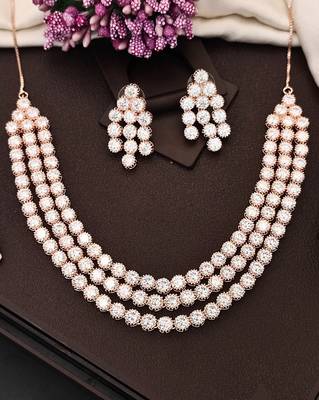 Rose gold finish white cz necklace set, sparkling bridal jewelry, 3-layer diamond look 1
