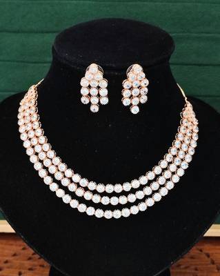 Rose gold finish white cz necklace set, sparkling bridal jewelry, 3-layer diamond look 3