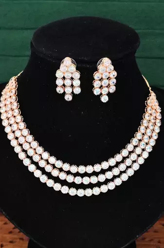 Rose gold finish white cz necklace set, sparkling bridal jewelry, 3-layer diamond look