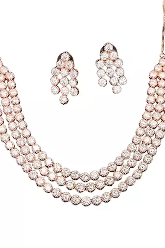 Rose gold finish white cz necklace set, sparkling bridal jewelry, 3-layer diamond look