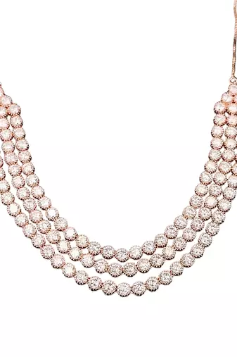 Rose gold finish white cz necklace set, sparkling bridal jewelry, 3-layer diamond look