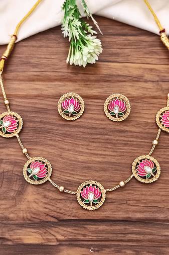 High gold polish meenakari lotus necklace set, pink floral motif jewelry, traditional enamel work