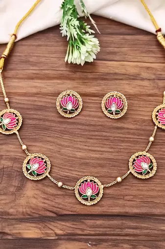High gold polish meenakari lotus necklace set, pink floral motif jewelry, traditional enamel work