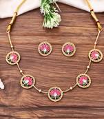 High gold polish meenakari lotus necklace set, pink floral motif jewelry, traditional enamel work
