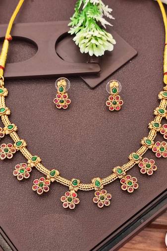 Floral inspired necklace set, high gold polish traditional green & red temple jewelry
